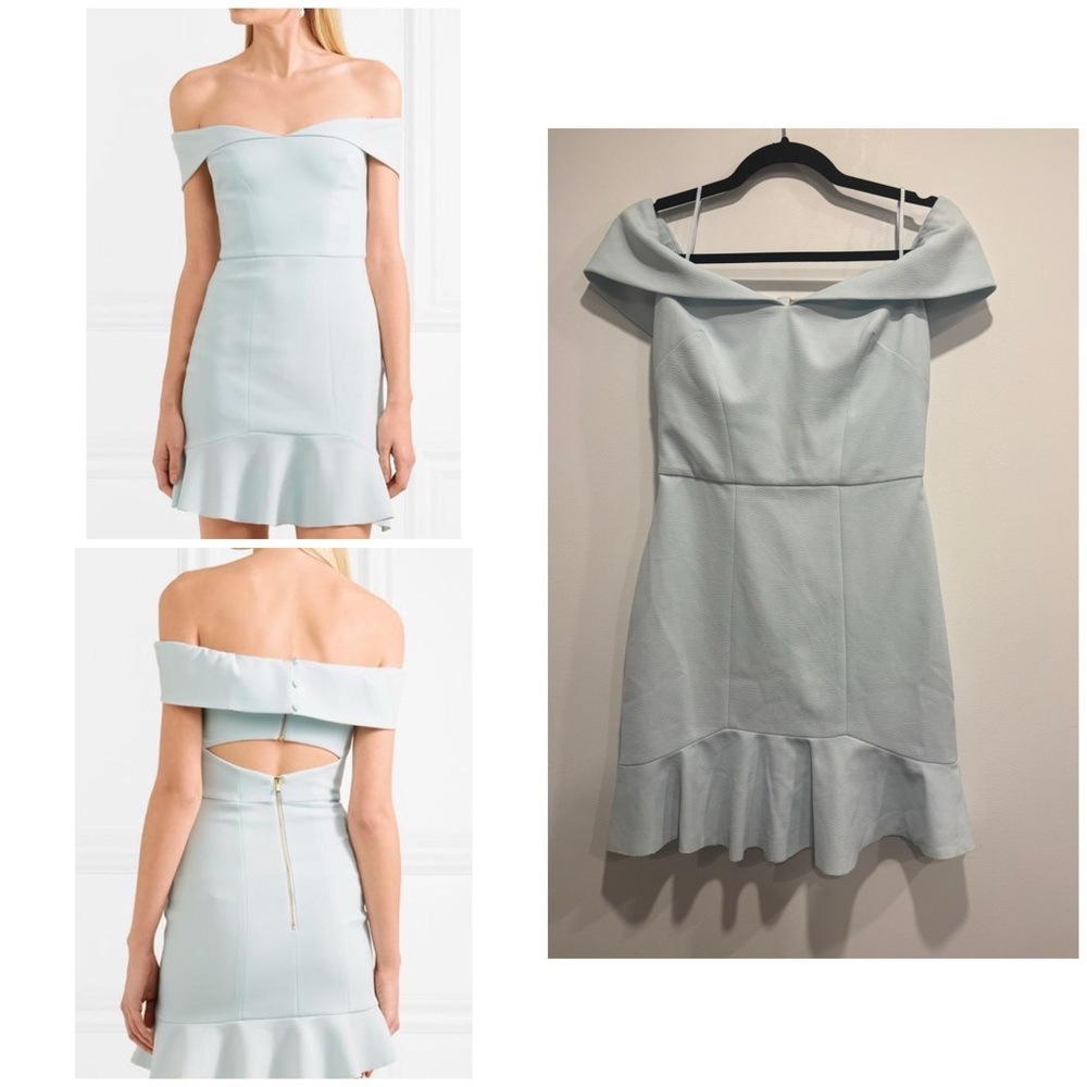 Rebecca Vallance Hamptons Off the Shoulder Pale Blue Crepe Mini Dress (S4)